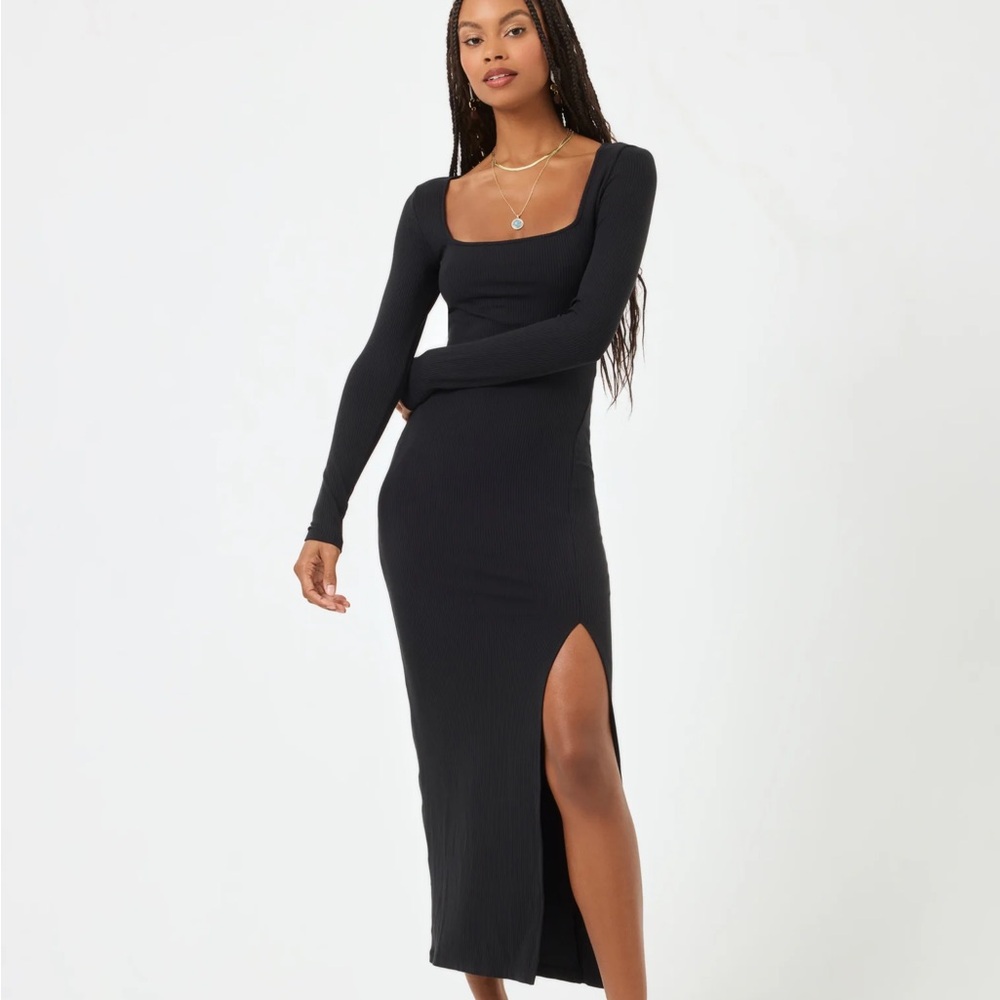 L*Space Black Ribbed Bodycon Dress with Square Neck and Slit